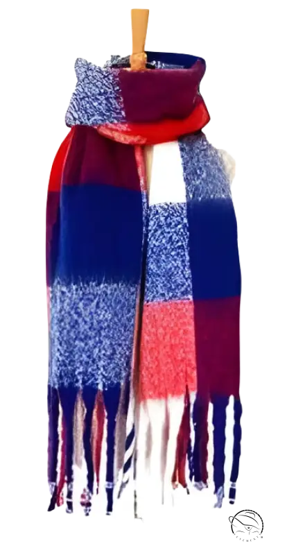 Striped wool stitching scarf in purplish red, white, and blue with fringe tassels