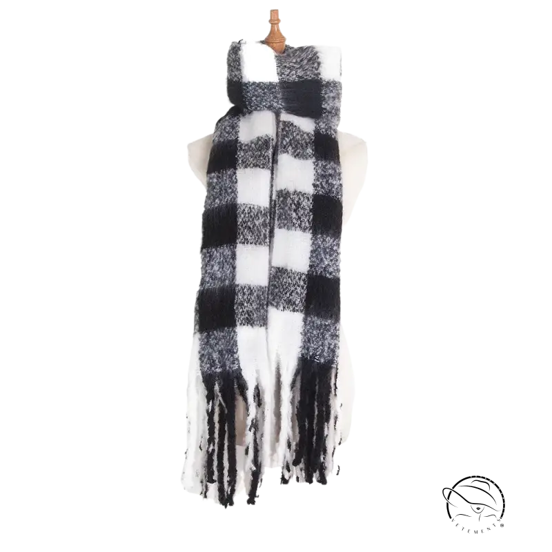 Woven Scarf in Purplish Red with Fringed Raw Edges and Black and White Buffalo Plaid