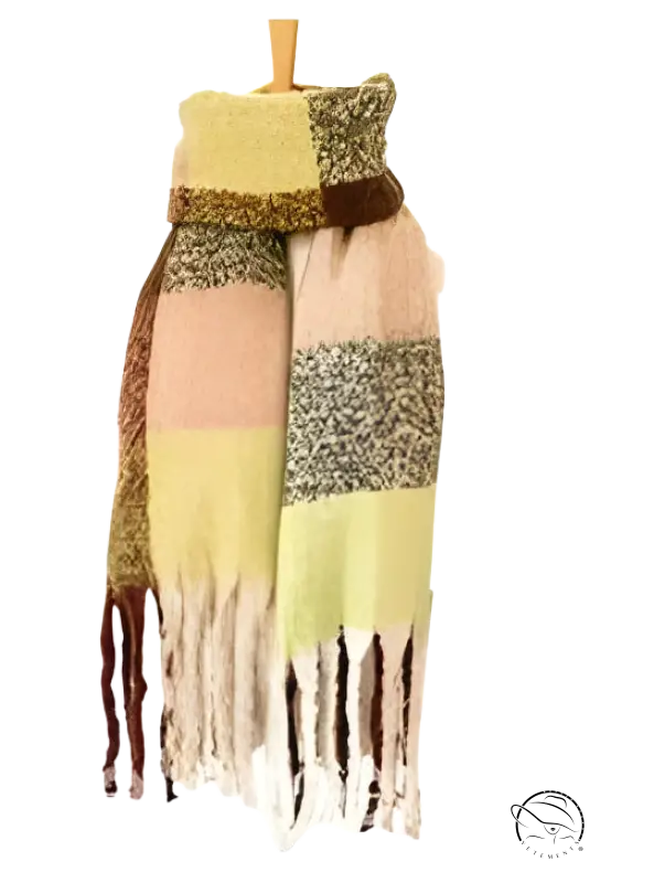 Plaid winter scarf with fringe tassels in yellow, pink, and gray colors, wool stitching scarf