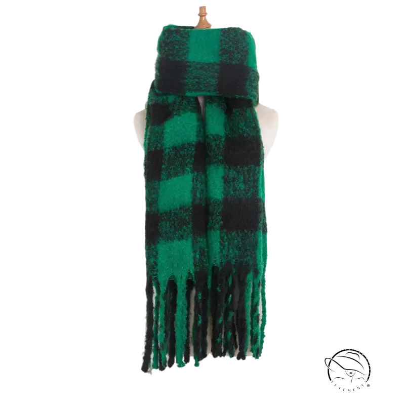 Wool stitching scarf in purplish red with green and black buffalo plaid design