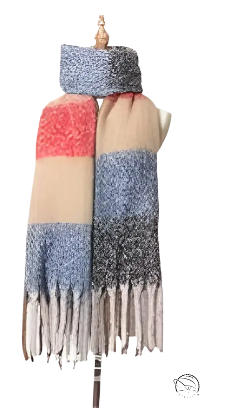 Colorblock scarf with fringe in coral, beige, and gray tones, featuring purplish red accents