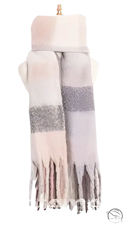 Soft pink and gray plaid scarf with tasseled fringe, showcasing unique wool stitching scarf design