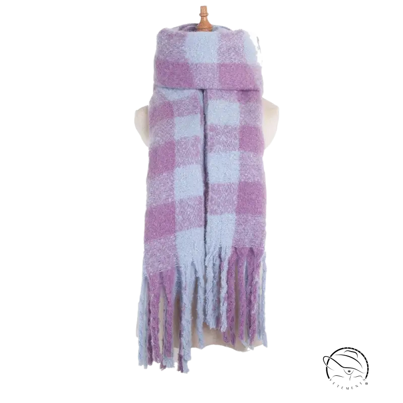 Purple and blue checkered scarf with fringed ends in purplish red wool stitching scarf