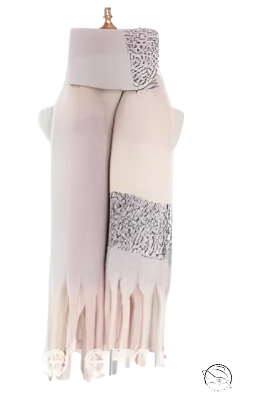 Beige winter scarf with gray sequined panels and fringe tassels in purplish red