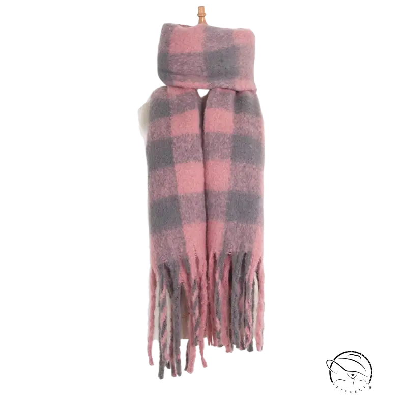 Pink and gray plaid fleece scarf with fringed ends from Woven Scarf in Purplish Red collection