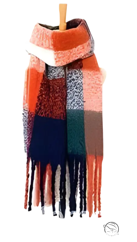 Colorful plaid wool stitching scarf in purplish red with fringe tassels, featuring coral and navy