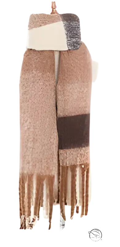 Knitted wool stitching scarf in purplish red with beige blocks and fringe tassels