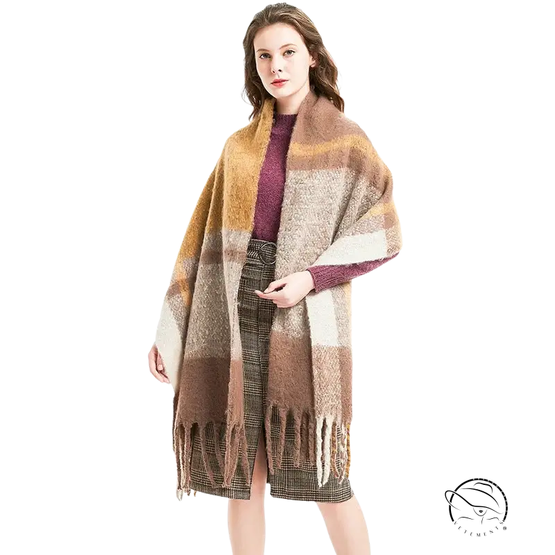 Colorful Woven Wool Stitching Scarf in Rose Plaid Navy Blue worn with autumn outfit