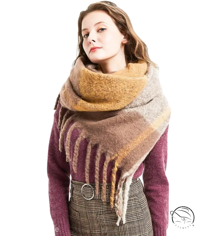 Woman in a purple sweater with a wool stitching scarf in Rose Plaid Navy Blue Print