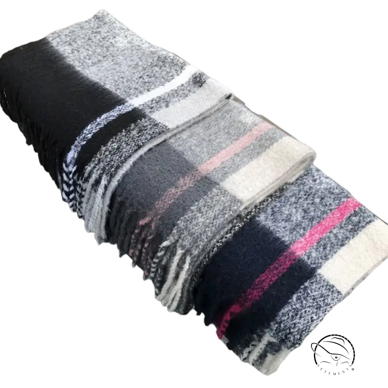 Woven Wool Stitching Scarf in Rose Plaid Navy Blue Print draped over a railing