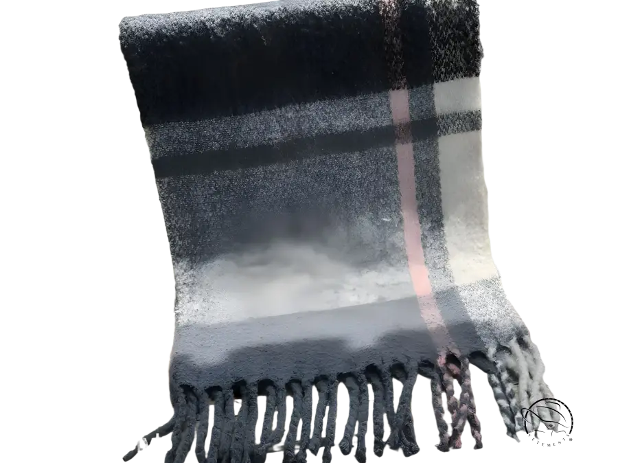 Plaid Wool Stitching Scarf in Rose Plaid Navy Blue Print draped over a railing