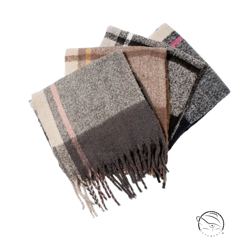 Woven Wool Stitching Scarf in Rose Plaid Navy Blue with fringed edges in earth tones