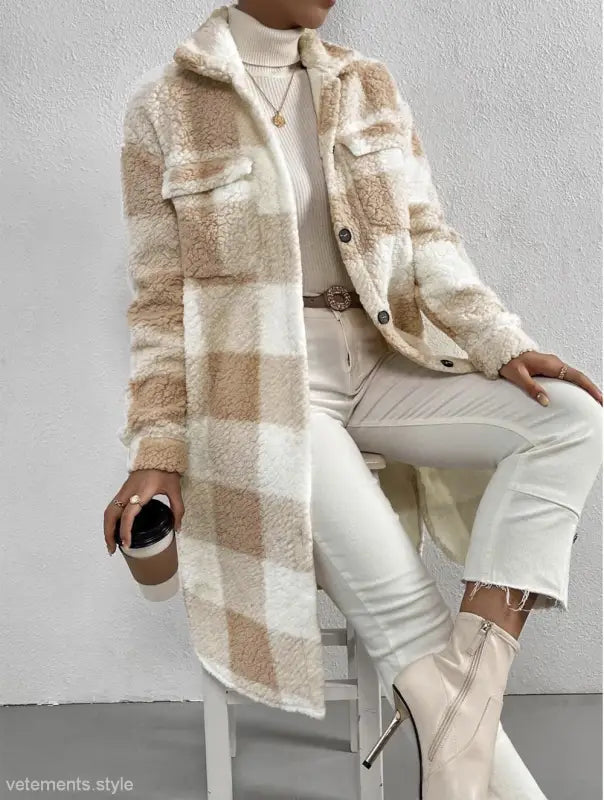 Beige and white plaid sherpa coat showcasing the Apricot White Plaid Long Cut Wool Coat