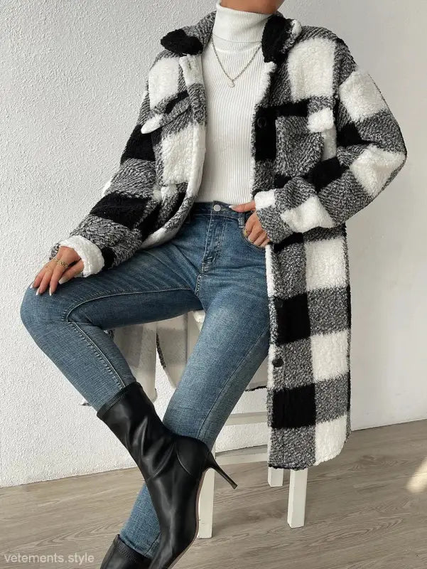 Black and white plaid sherpa coat showcased in Apricot White Plaid Long Cut Wool Coat
