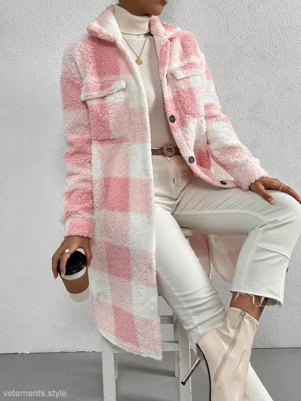 Pink and white plaid sherpa coat from Apricot White Plaid Long Cut Wool Coat collection