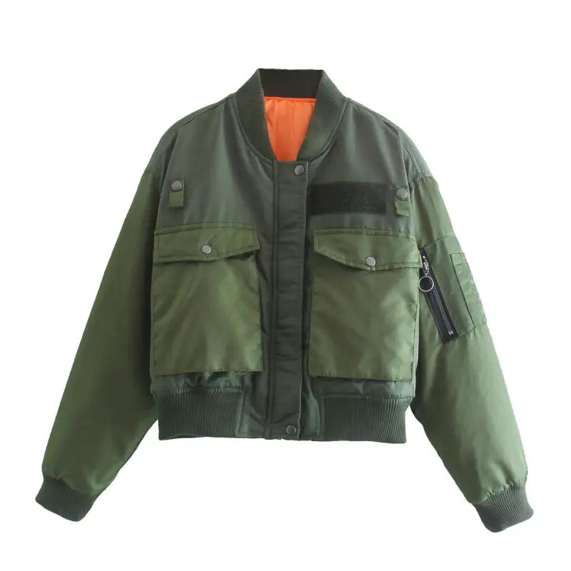 Army Green Casual Bomber Jacket with Zipper and Pockets in thickened cotton padded design