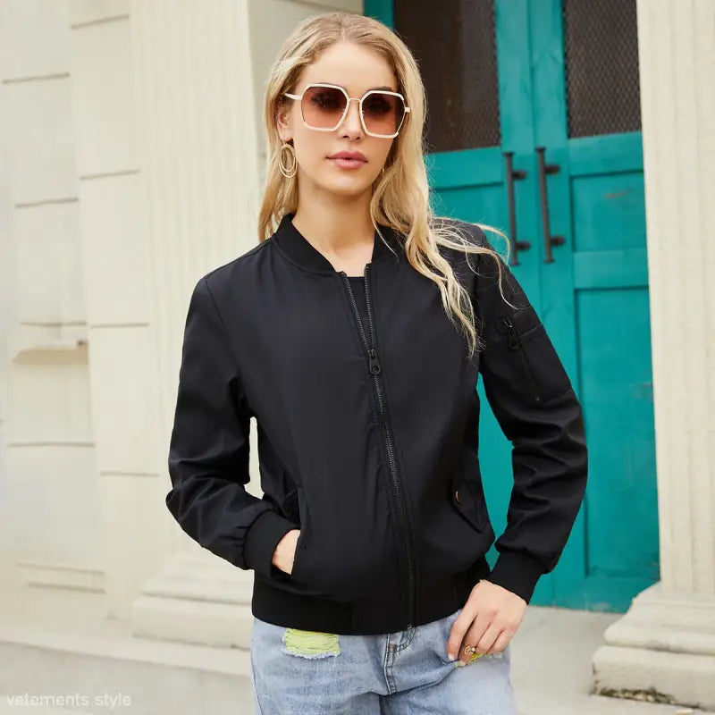 Blonde woman in sunglasses wearing an Army Green Casual Varsity Jacket with pockets