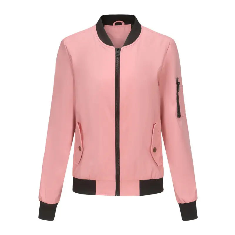 Pink bomber jacket with black trim, featured in Army Green Casual Varsity Jacket style
