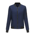 Navy blue bomber jacket with black trim and zipper, ideal for casual varsity styles