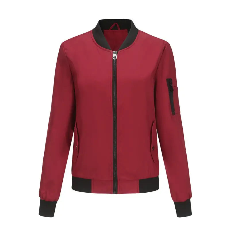 Red bomber jacket with black trim and zipper, ideal for a casual varsity jacket style