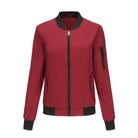 Red bomber jacket with black trim and zipper, ideal for a casual varsity jacket style