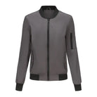 Gray bomber jacket with black trim and zipper, perfect for a casual varsity jacket style