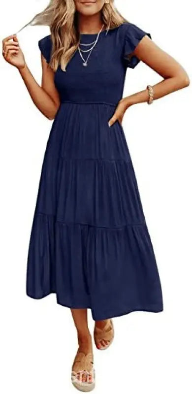 Navy blue tiered midi dress with flounced large swing design and ruffle details