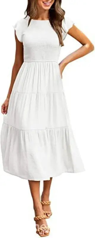 White tiered midi dress with flounced large swing design and ruffle details
