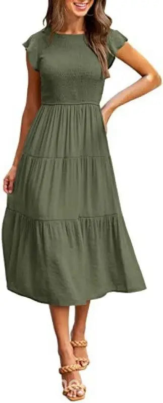 Olive green flounced large swing dress with ruffle and cutout details