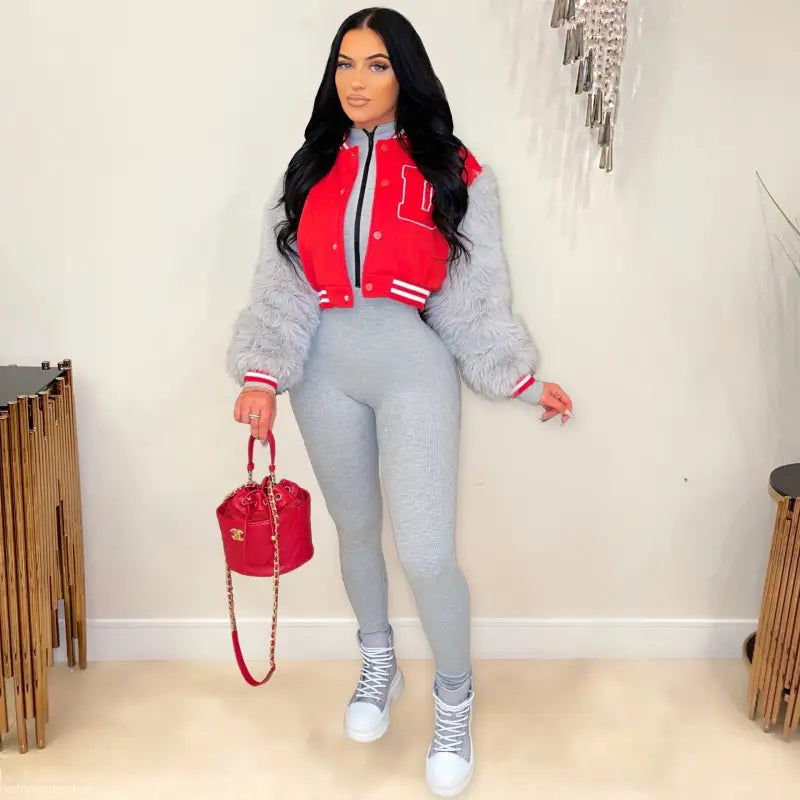 Army green gray short varsity jacket with red accents, fleece lining, and embroidery