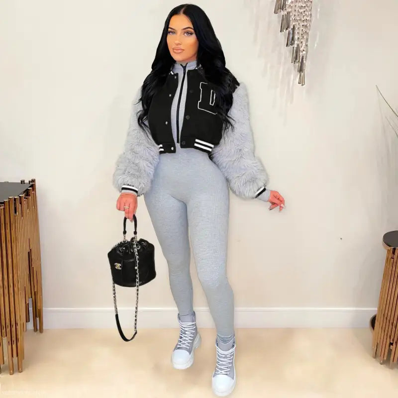 Army green gray short varsity jacket with embroidery, patchwork, and silver zipper