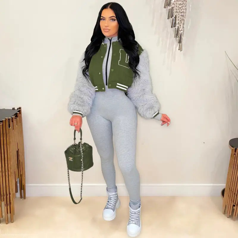 Army green gray short varsity jacket with olive green fleece lining