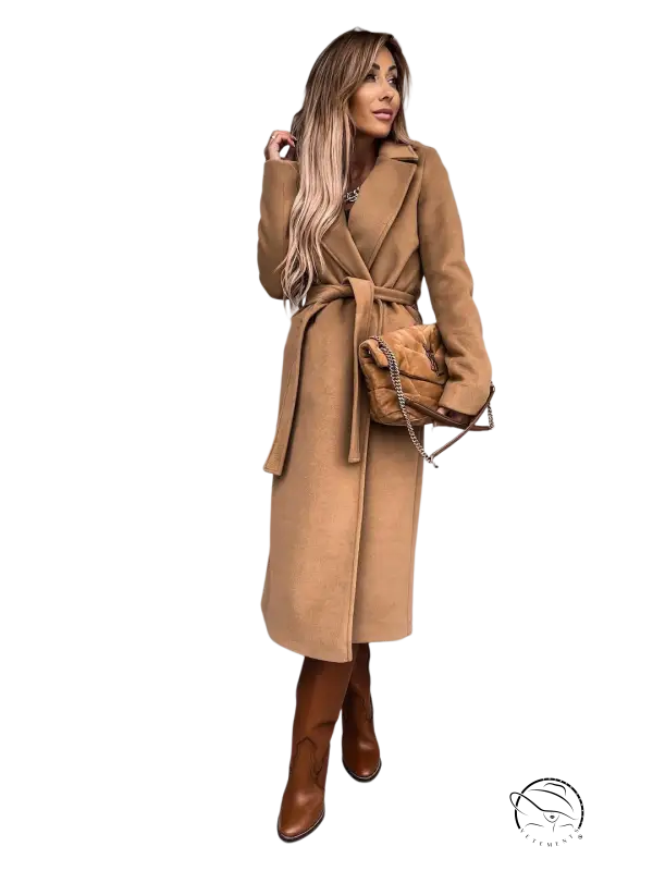 Army green polo collar long sleeved top with belted woolen coat