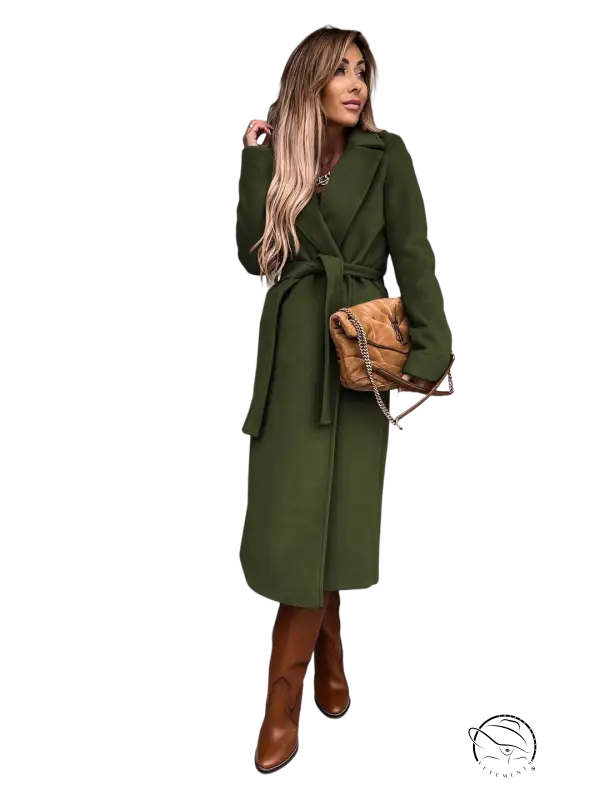 Army green polo collar long sleeved woolen coat with belted waist