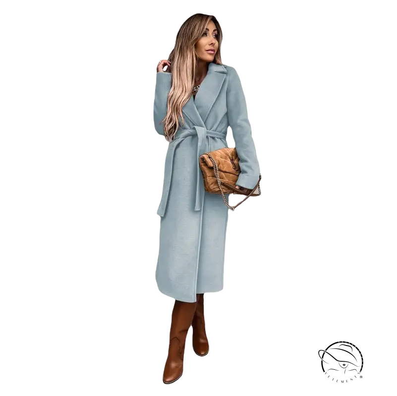 Army green polo collar long sleeved coat with belt, boots, tan bag