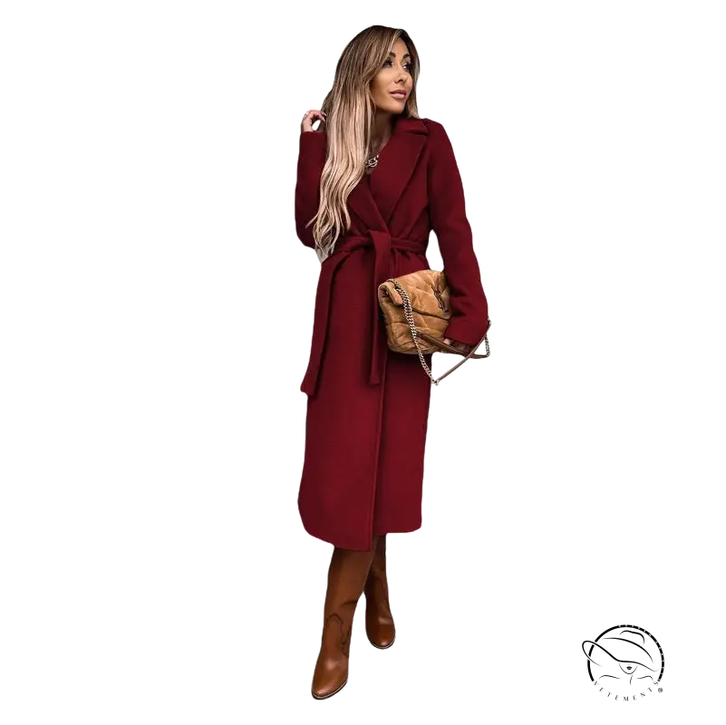 Army green polo collar long sleeved top with belted burgundy wool coat and boots