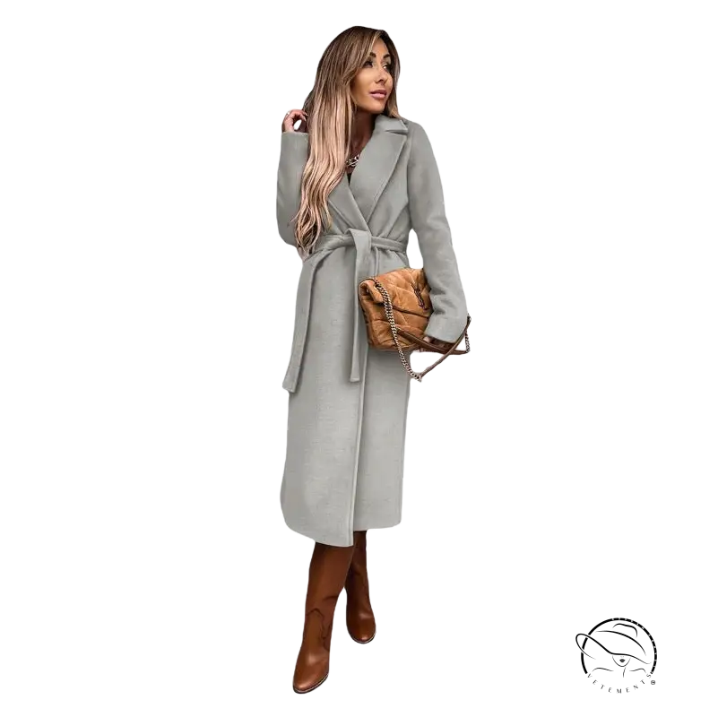 Army green polo collar long sleeved belted woolen coat with brown boots