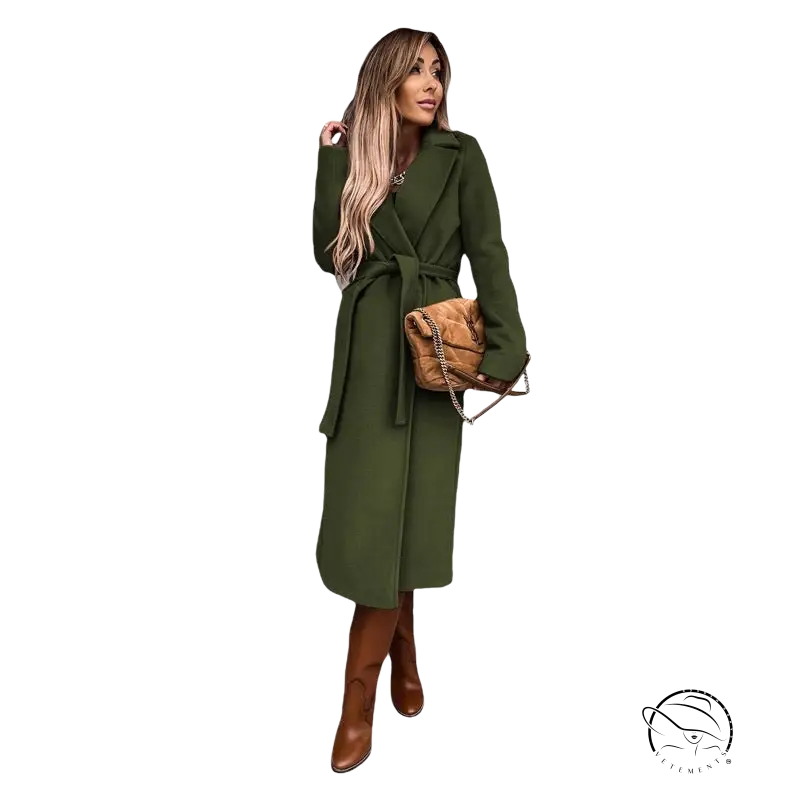 Army green polo collar long sleeved woolen coat with belted waist
