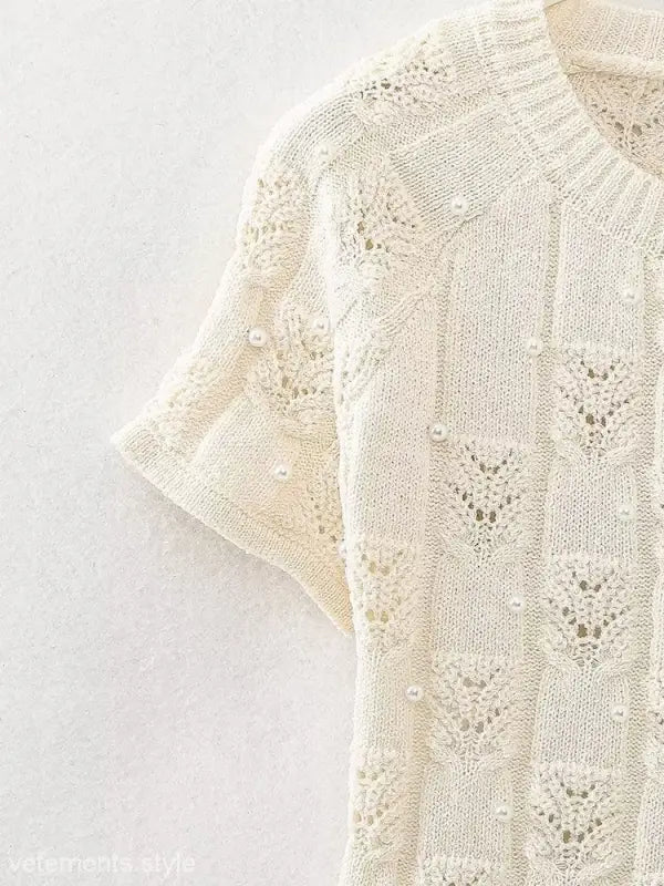 Cream-colored beaded pearl knitted set casual crop top and skirt for summer