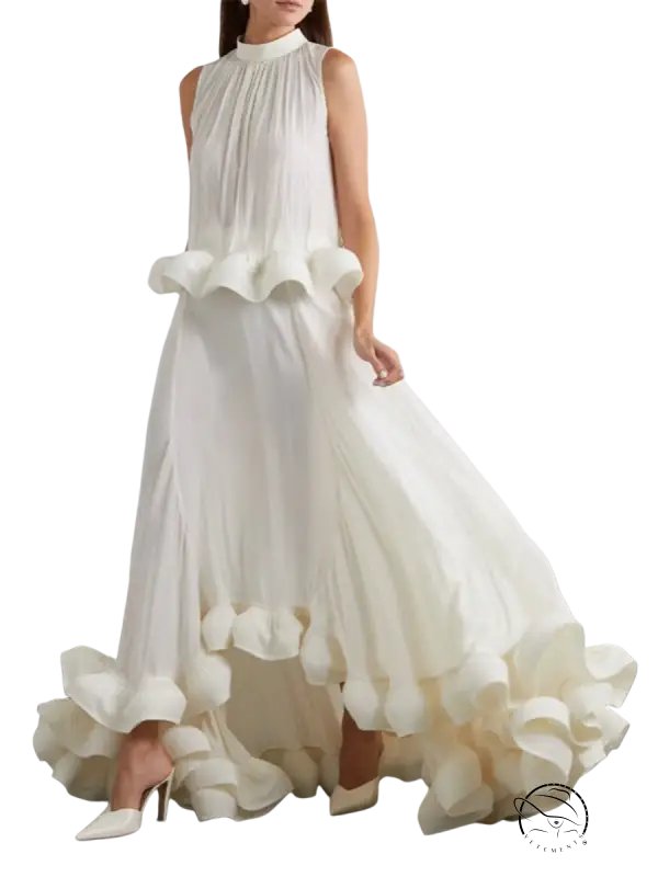 Elegant white sleeveless patchwork ruffled two-piece suit with summer gown details
