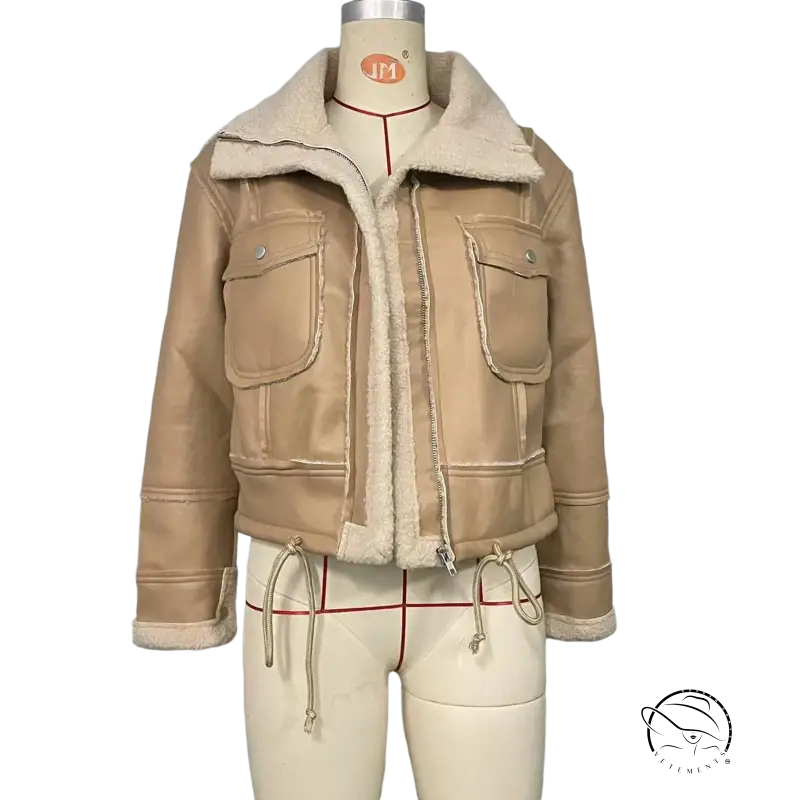 Tan faux shearling jacket with fur lining perfect for fall and winter wear
