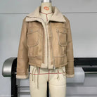 Tan faux shearling jacket with fur lining perfect for fall and winter wear