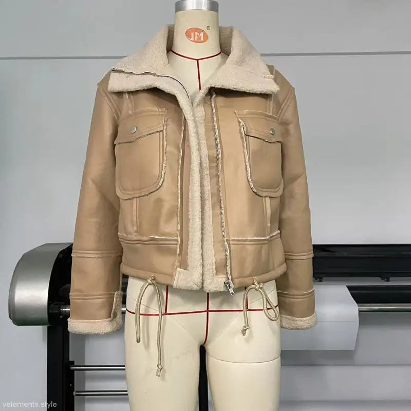 Tan faux shearling jacket with fur lining perfect for fall and winter wear