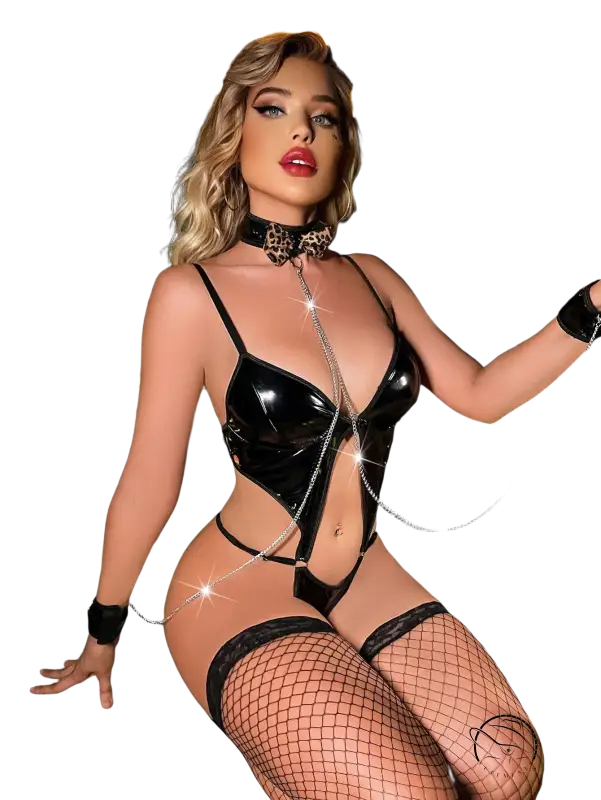 Sexy black patent leather cat ear harness with fishnet stockings, choker, cutouts, metal chains and hand cuffs