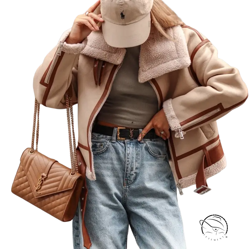 Stylish winter outfit with Autumn Winter Collar Lamb Wool Shearling Coat Locomotive Jacket