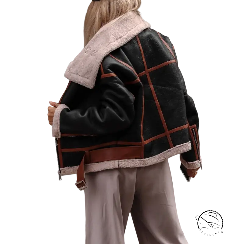 Black leather Autumn Winter Collar Lamb Wool Shearling Coat Locomotive Jacket with trim