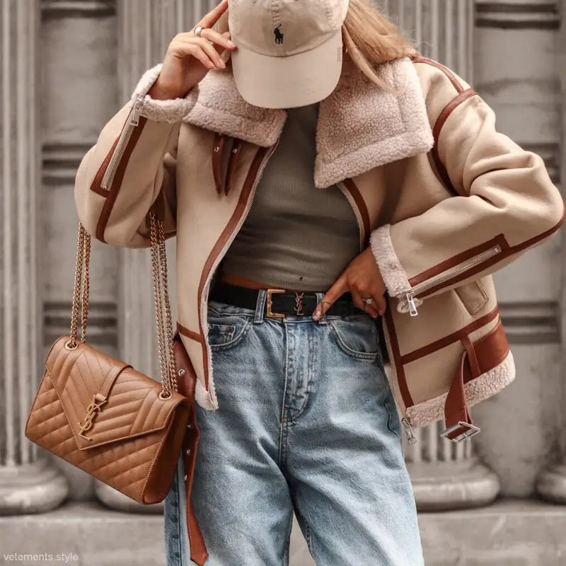 Stylish autumn winter polo outfit with Collar Lamb Wool Coat Locomotive Jacket and accessories