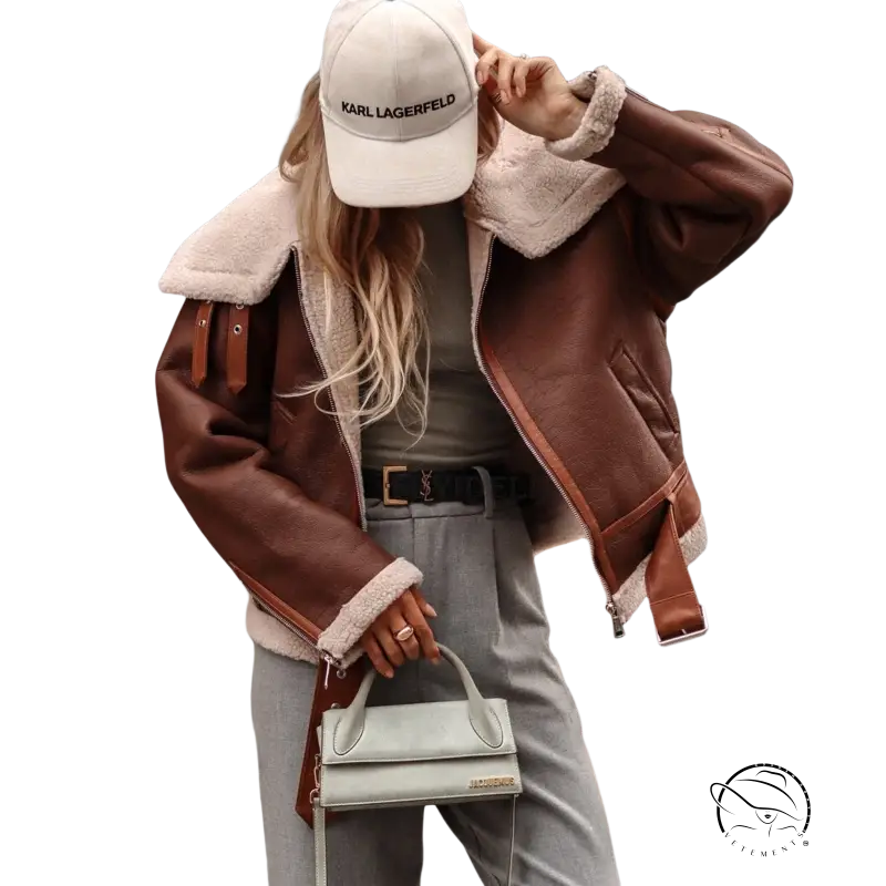 Brown Leather Shearling Jacket with White Karl Lagerfeld Cap and Gray Pants for Autumn Winter
