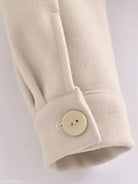 Beige jacket sleeve detail with button on Autumn Winter Woolen Short Coat Collared Design