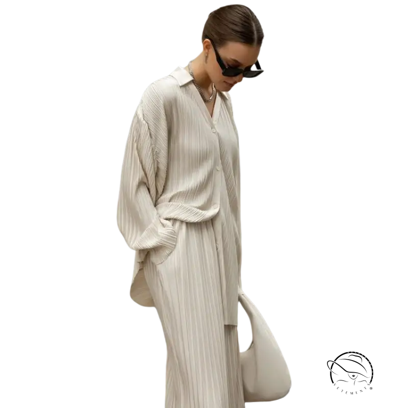 Pleated beige Ava Casual Set featuring a long sleeve top and straight leg pants